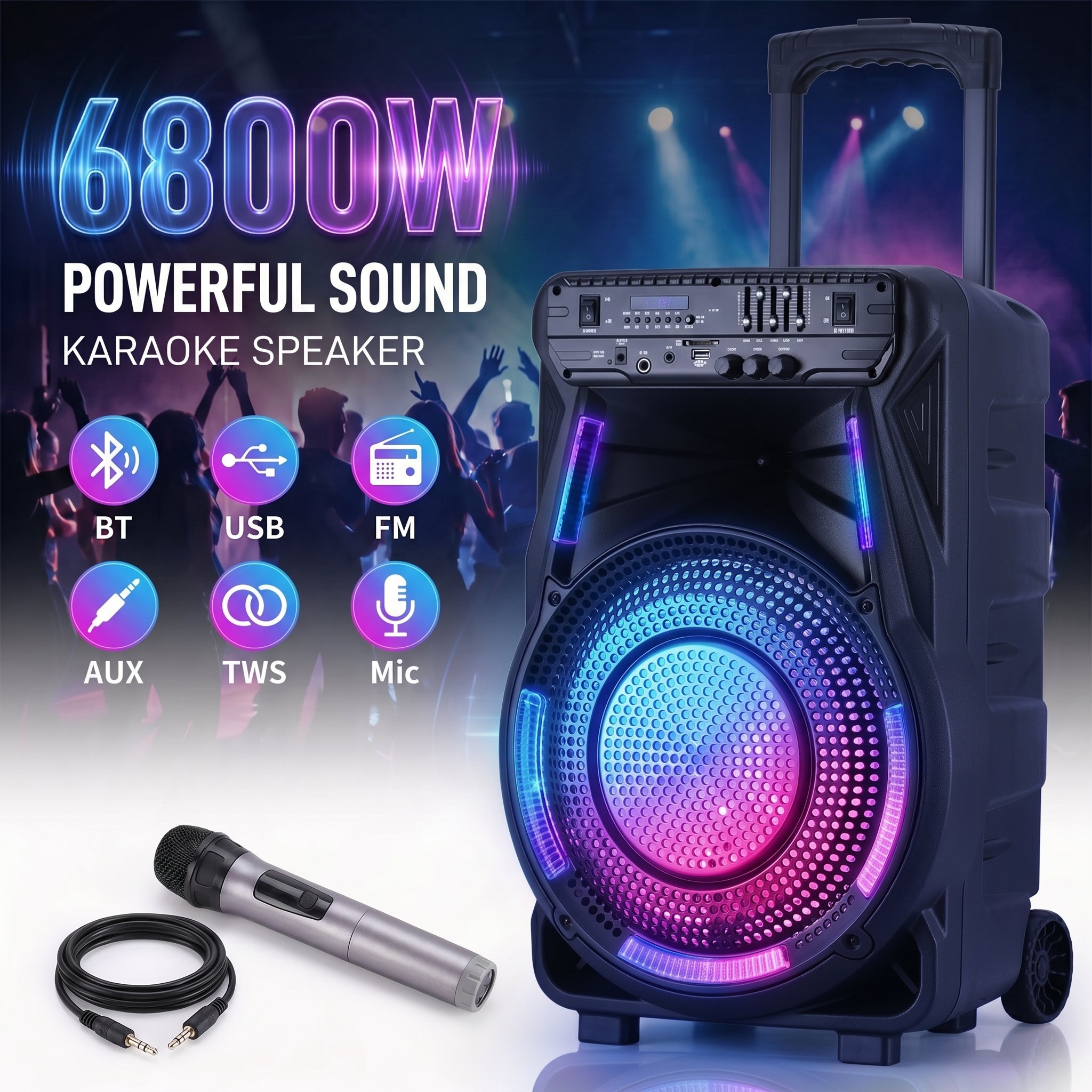 12” Bluetooth Party Speaker with Microphone & LED Lights, 6800W Portable Rechargeable PA System with Trolley and Wheels, FM\u002FUSB\u002FTF\u002FAUX, TWS Stereo Sound for Outdoor Party, Karaoke, Events