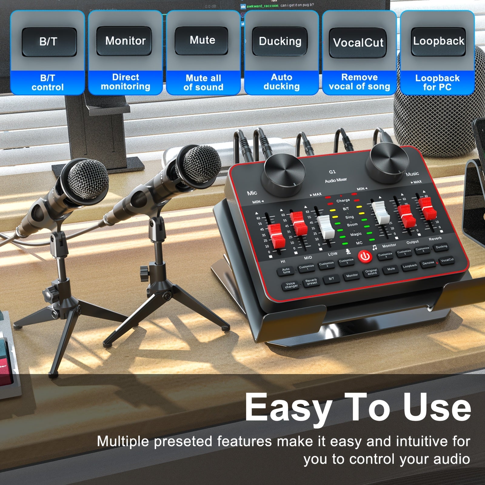 Podcast Equipment Bundle, All-in-One Audio Interface DJ Mixer with 2 Condenser Microphones, Recording Studio Kit Live Sound Card for Singing Broadcast, Live Streaming, Gaming