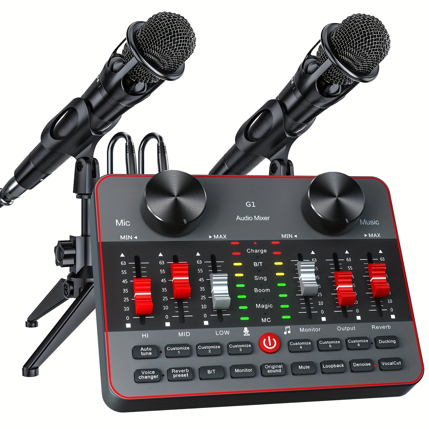 Podcast Equipment Bundle, All-in-One Audio Interface DJ Mixer with 2 Condenser Microphones, Recording Studio Kit Live Sound Card for Singing Broadcast, Live Streaming, Gaming