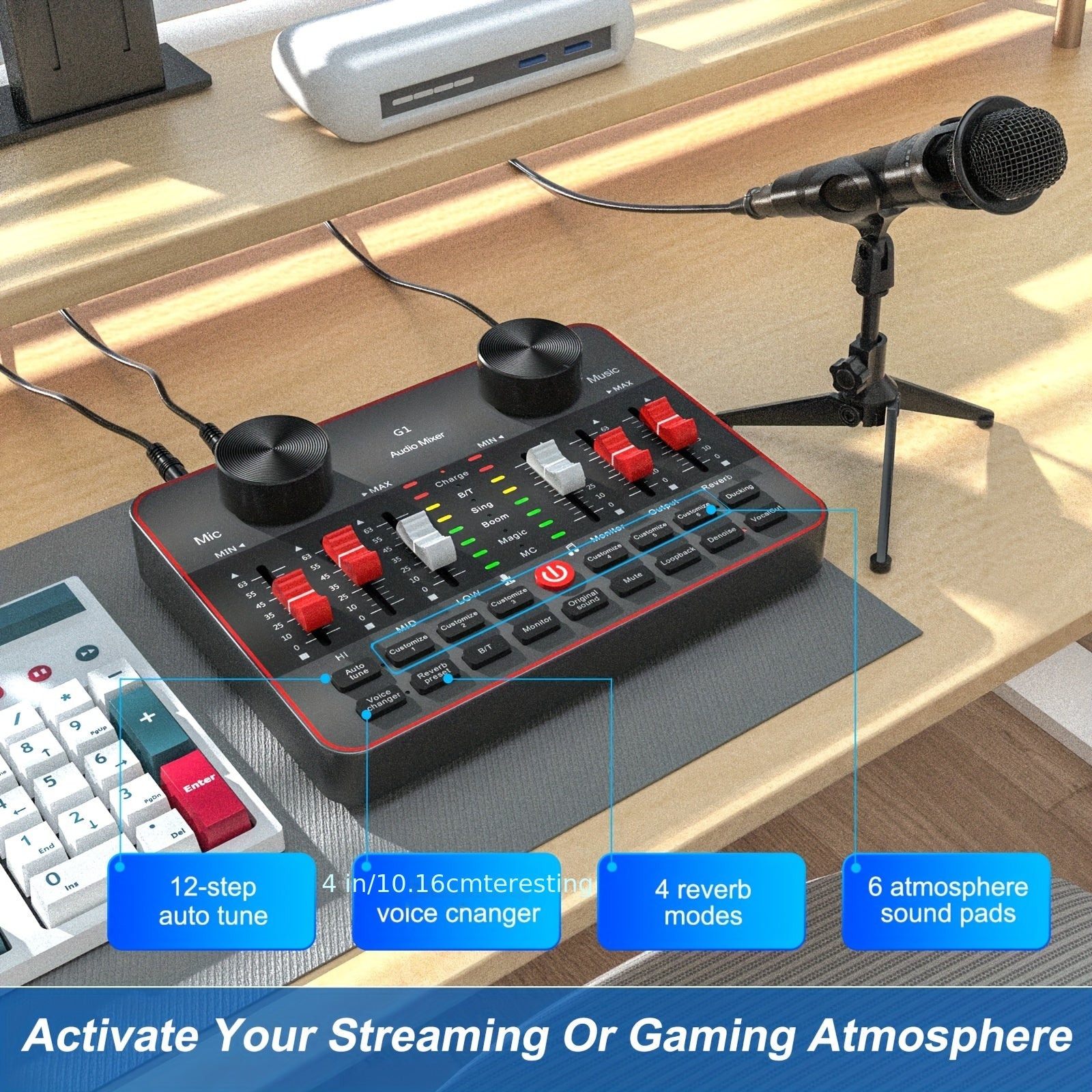 Podcast Equipment Bundle, All-in-One Audio Interface DJ Mixer with 2 Condenser Microphones, Recording Studio Kit Live Sound Card for Singing Broadcast, Live Streaming, Gaming