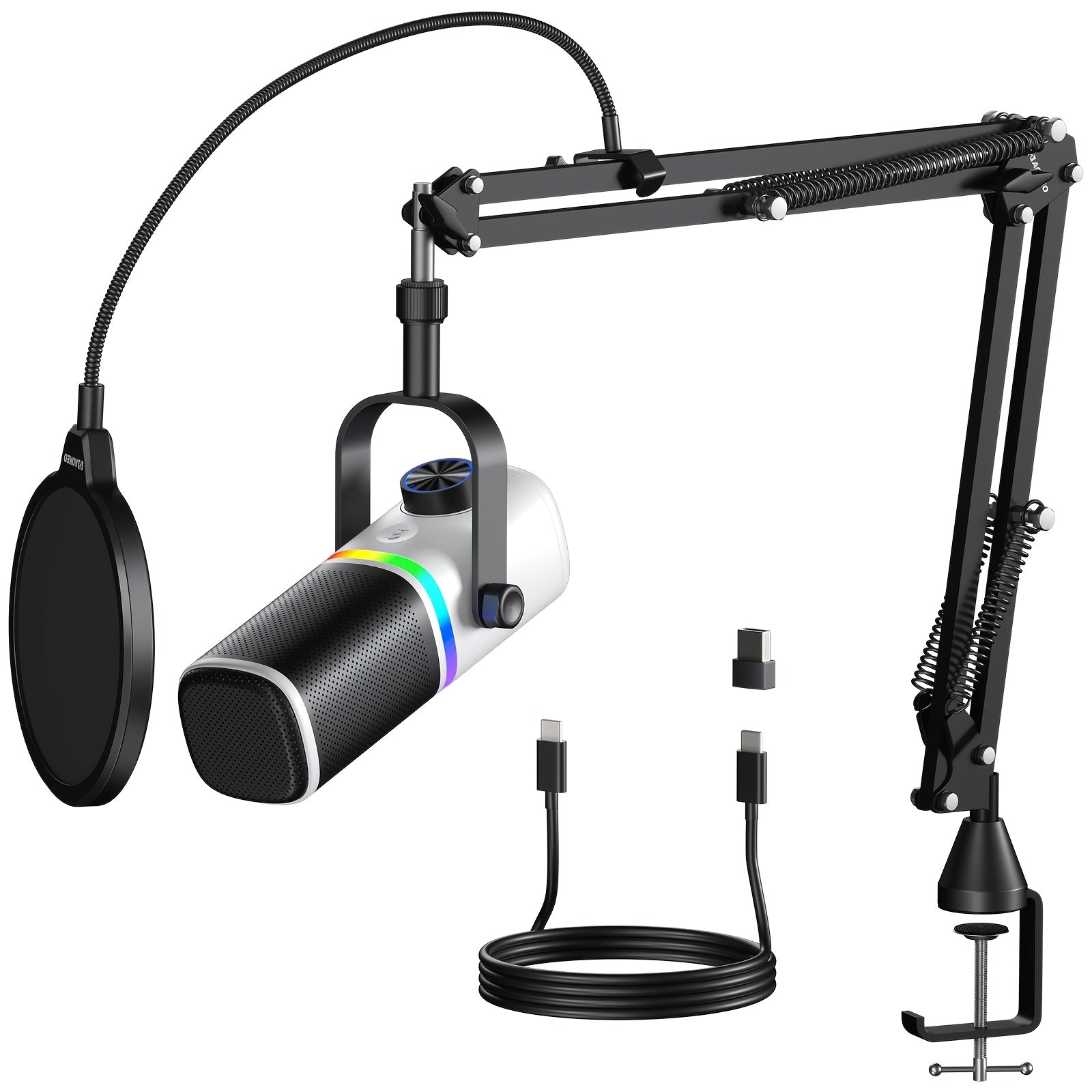 AOKEO USB Gaming Microphone with RGB | Featuring Cantilever Stand, Shock Mount, Noise Reduction, Mute Function, Studio Pop Filter System, Volume Control, 1-Touch Recording, Suitable for Live Streaming, Podcasting, Recording, Gaming, Singing