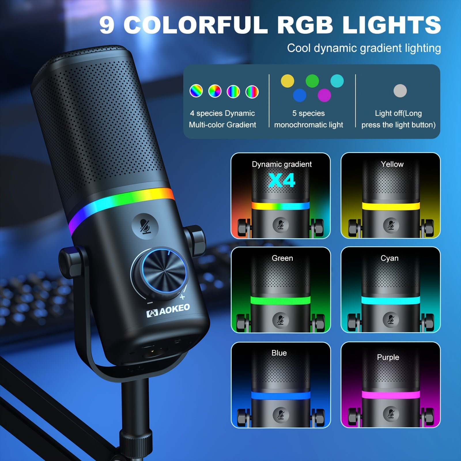 AOKEO USB Gaming Microphone with RGB | Featuring Cantilever Stand, Shock Mount, Noise Reduction, Mute Function, Studio Pop Filter System, Volume Control, 1-Touch Recording, Suitable for Live Streaming, Podcasting, Recording, Gaming, Singing