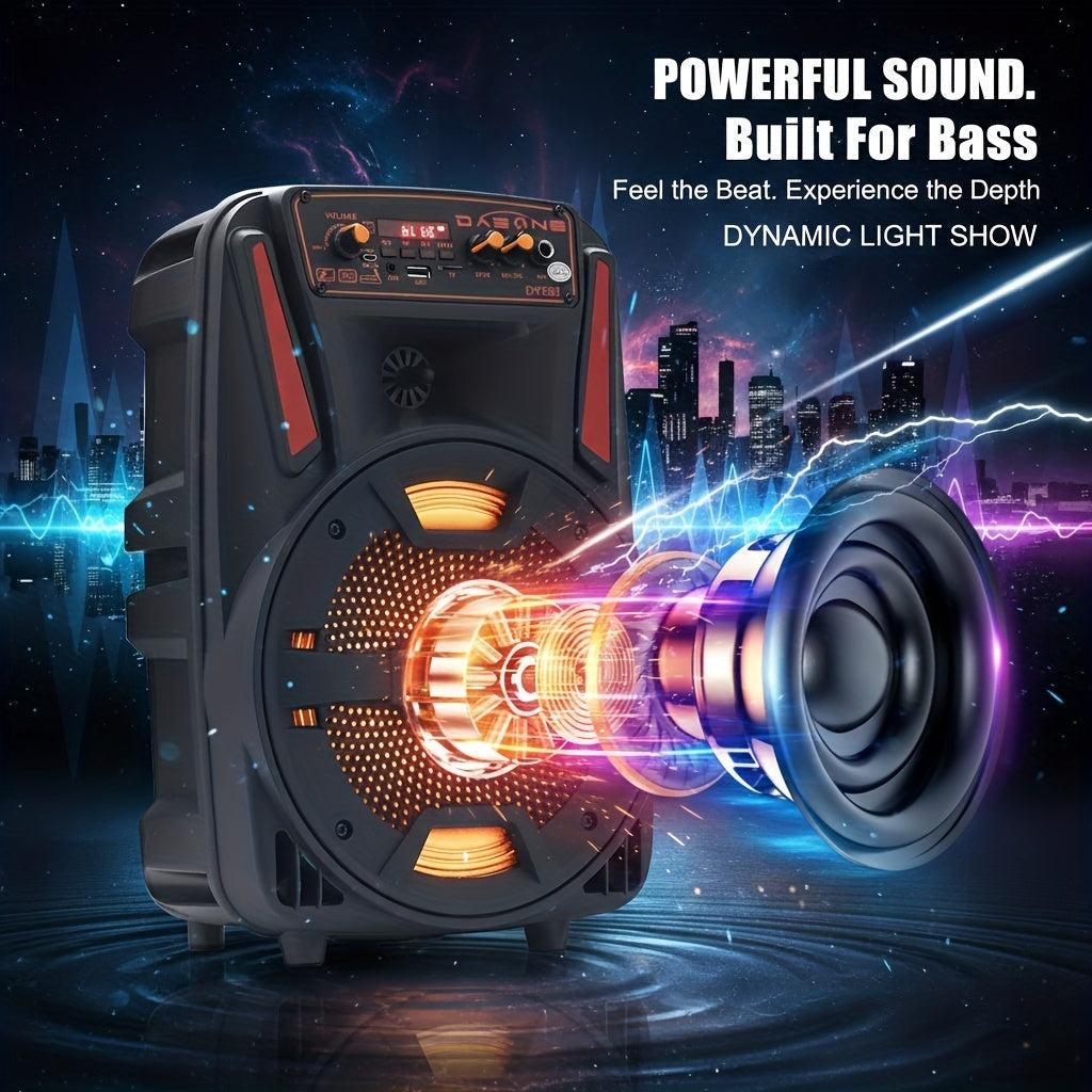 A 1000W Robust Portable Wireless Party Speaker Featuring an 8-Inch Woofer, Equipped with a Wired Microphone, Delivering Deep Bass, And Supporting USB, SD, FM, And AUX Inputs, with an 8-Hour Playtime Suitable for Djing, Karaoke, And Home Gatherings
