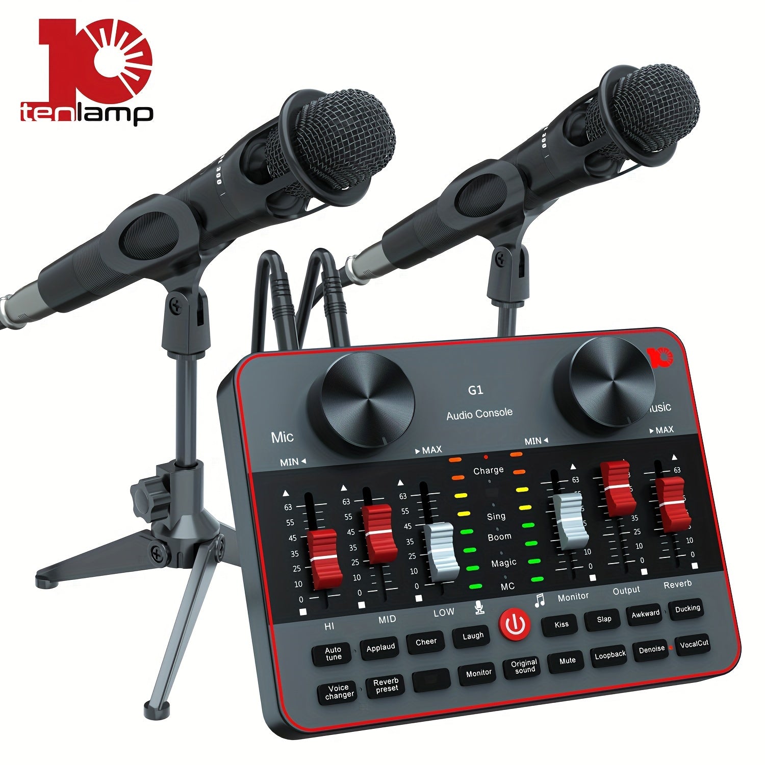 Podcast Equipment Bundle, All-in-One Audio Interface DJ Mixer with 2 Condenser Microphones, Recording Studio Kit Live Sound Card for Singing Broadcast, Live Streaming, Gaming