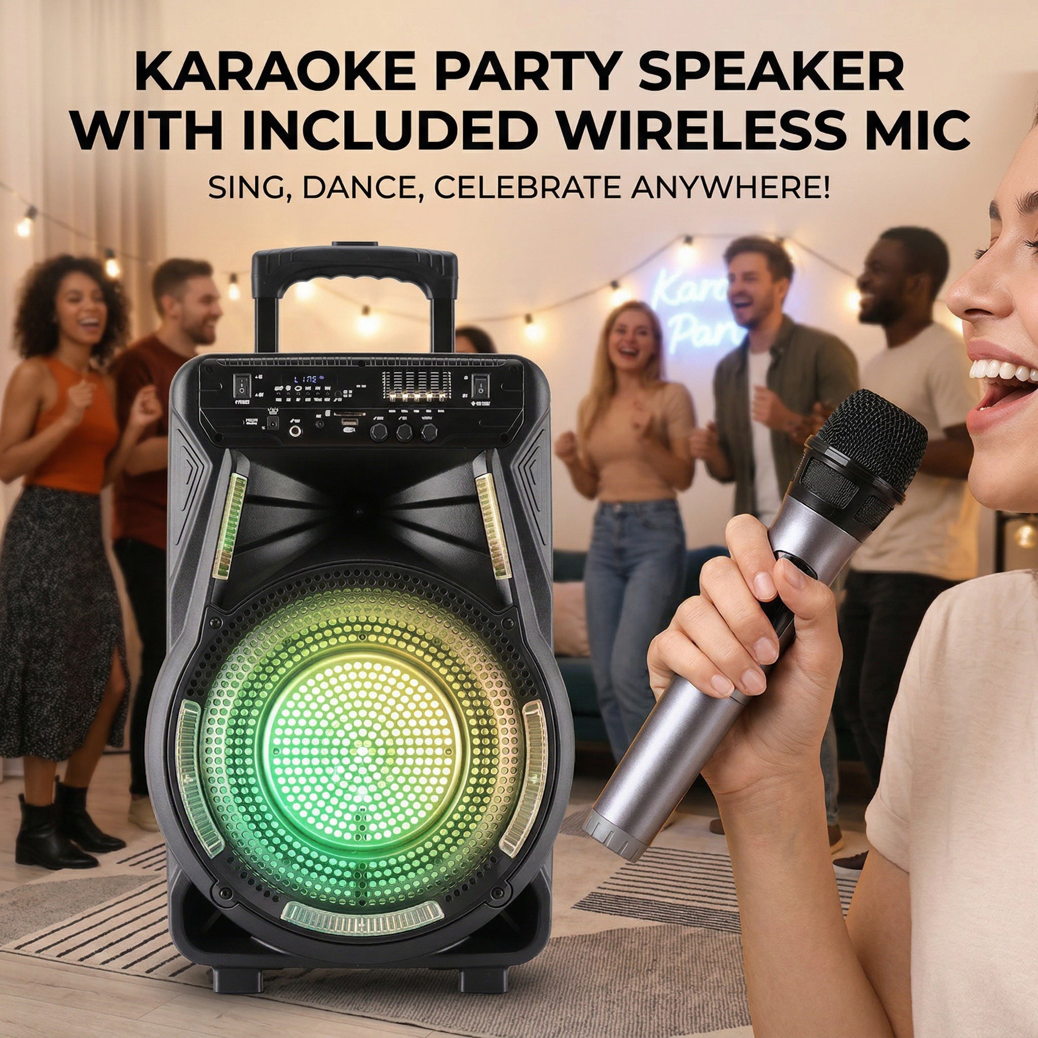 12” Bluetooth Party Speaker with Microphone & LED Lights, 6800W Portable Rechargeable PA System with Trolley and Wheels, FM\u002FUSB\u002FTF\u002FAUX, TWS Stereo Sound for Outdoor Party, Karaoke, Events