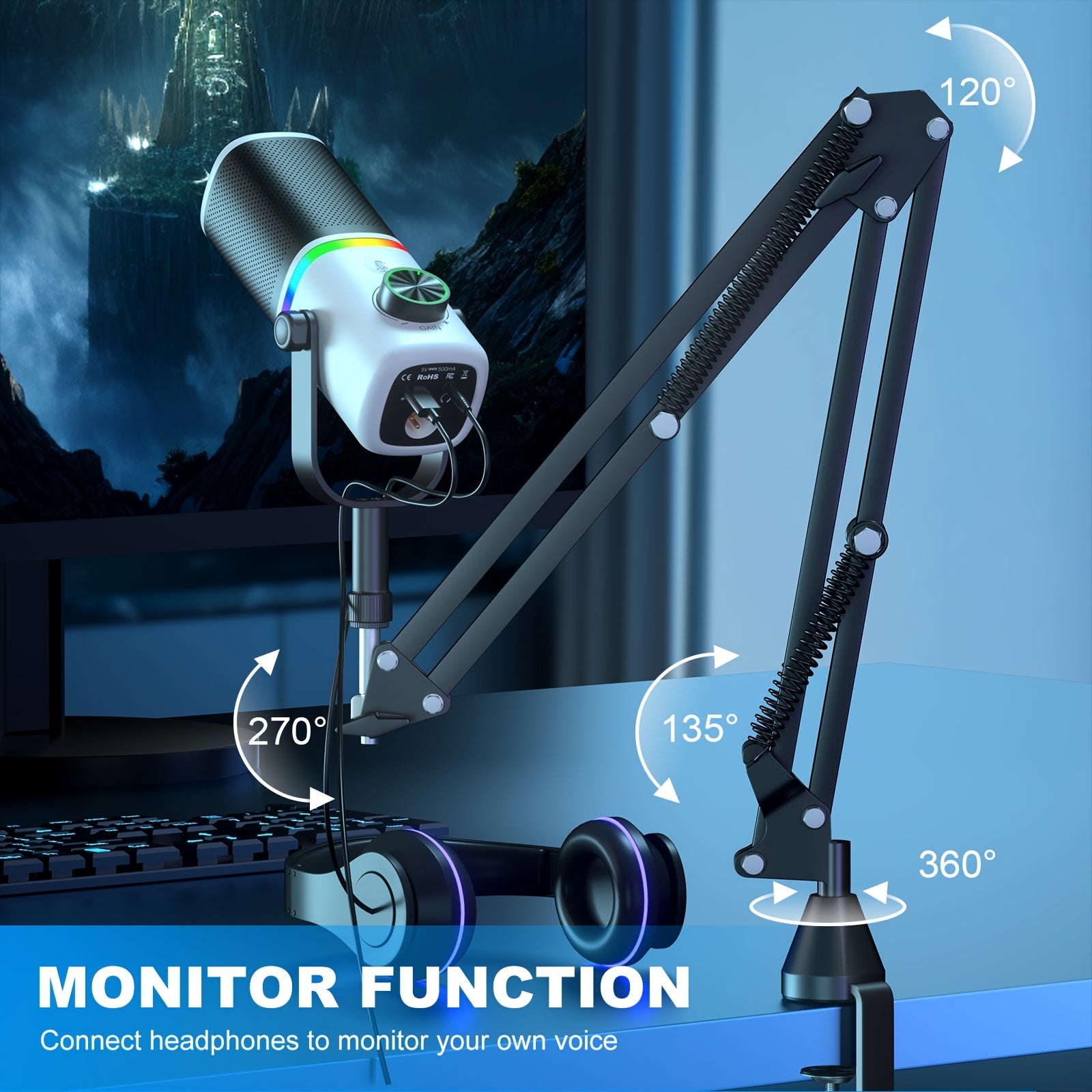 AOKEO USB Gaming Microphone with RGB | Featuring Cantilever Stand, Shock Mount, Noise Reduction, Mute Function, Studio Pop Filter System, Volume Control, 1-Touch Recording, Suitable for Live Streaming, Podcasting, Recording, Gaming, Singing