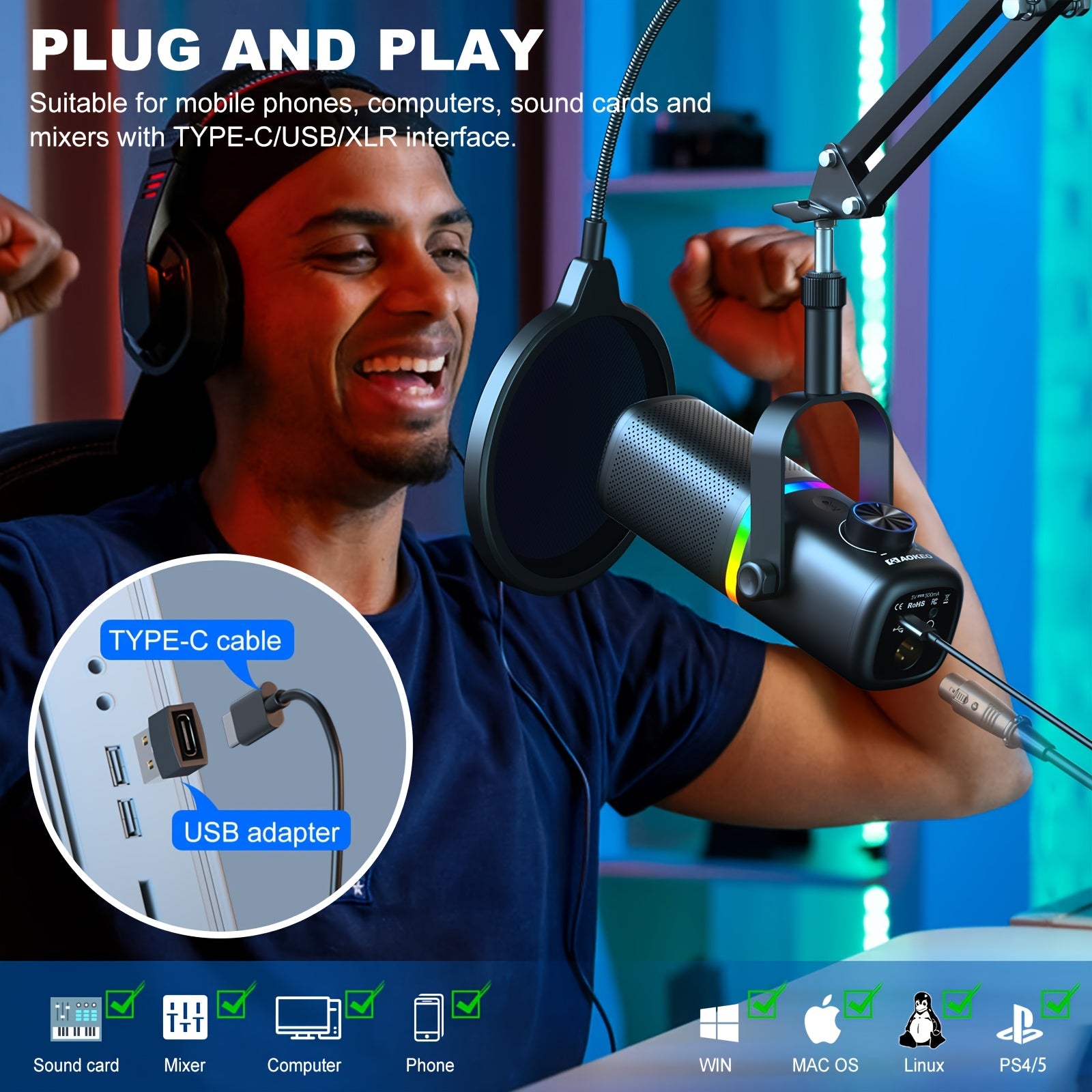 AOKEO USB Gaming Microphone with RGB | Featuring Cantilever Stand, Shock Mount, Noise Reduction, Mute Function, Studio Pop Filter System, Volume Control, 1-Touch Recording, Suitable for Live Streaming, Podcasting, Recording, Gaming, Singing