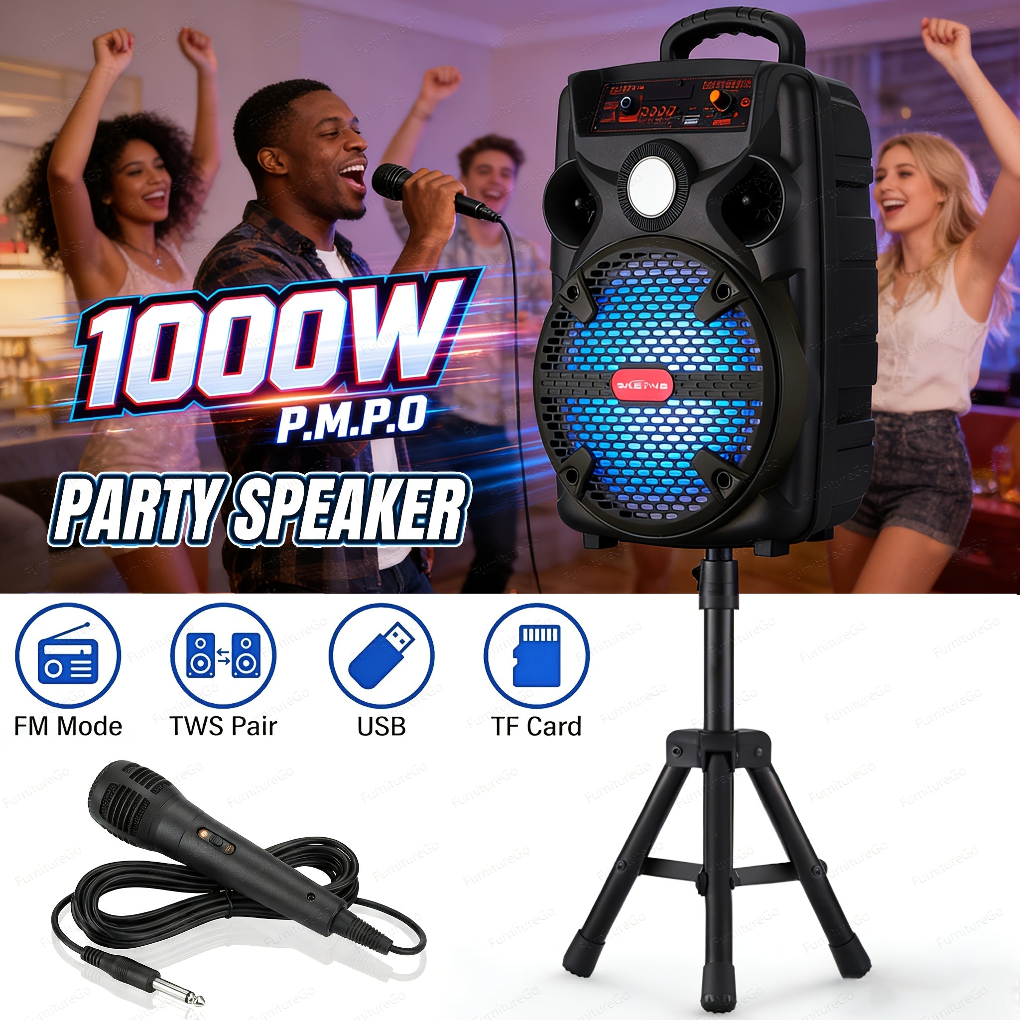 A 1000W Robust Portable Wireless Party Speaker Featuring an 8-Inch Woofer, Equipped with a Wired Microphone, Delivering Deep Bass, And Supporting USB, SD, FM, And AUX Inputs, with an 8-Hour Playtime Suitable for Djing, Karaoke, And Home Gatherings