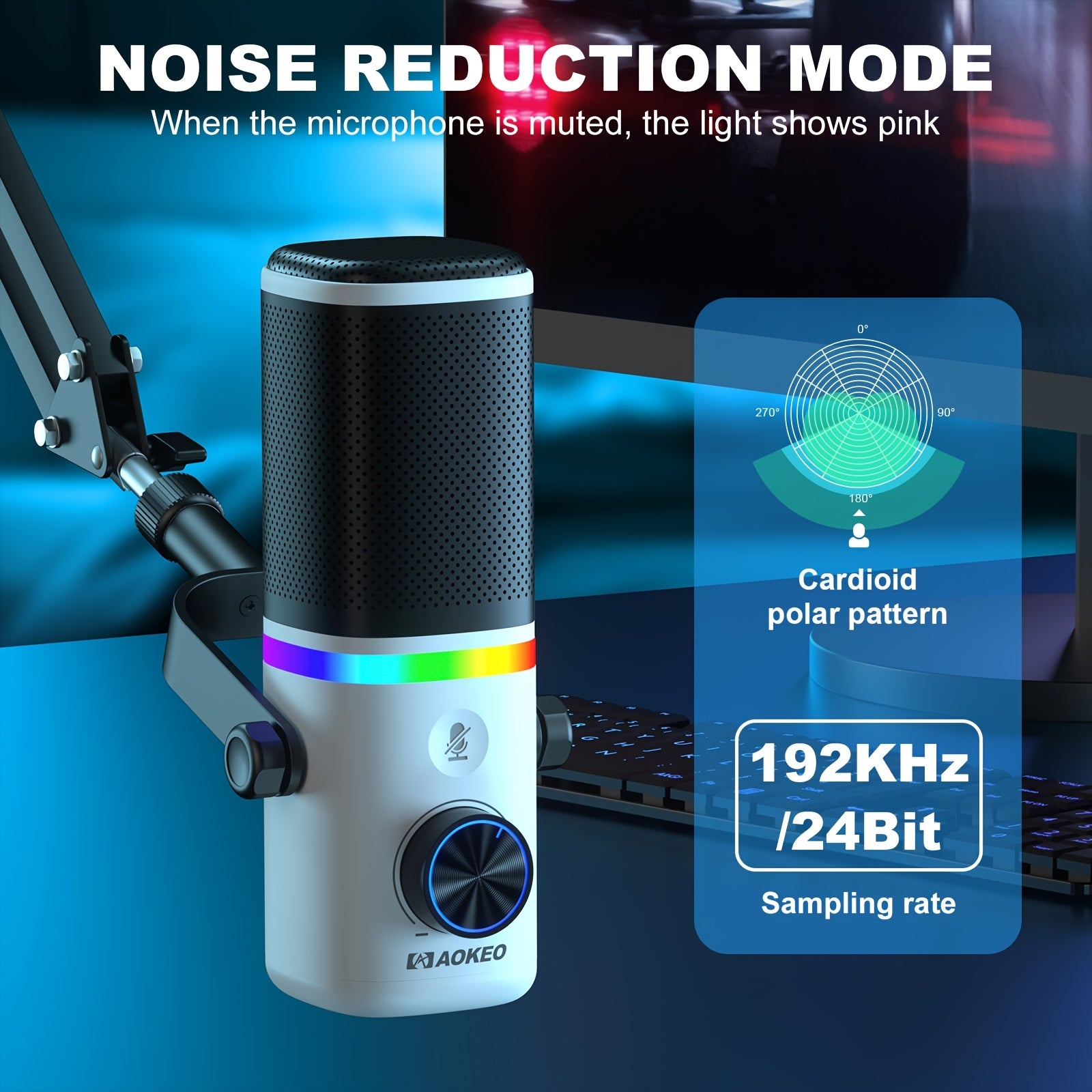 AOKEO USB Gaming Microphone with RGB | Featuring Cantilever Stand, Shock Mount, Noise Reduction, Mute Function, Studio Pop Filter System, Volume Control, 1-Touch Recording, Suitable for Live Streaming, Podcasting, Recording, Gaming, Singing