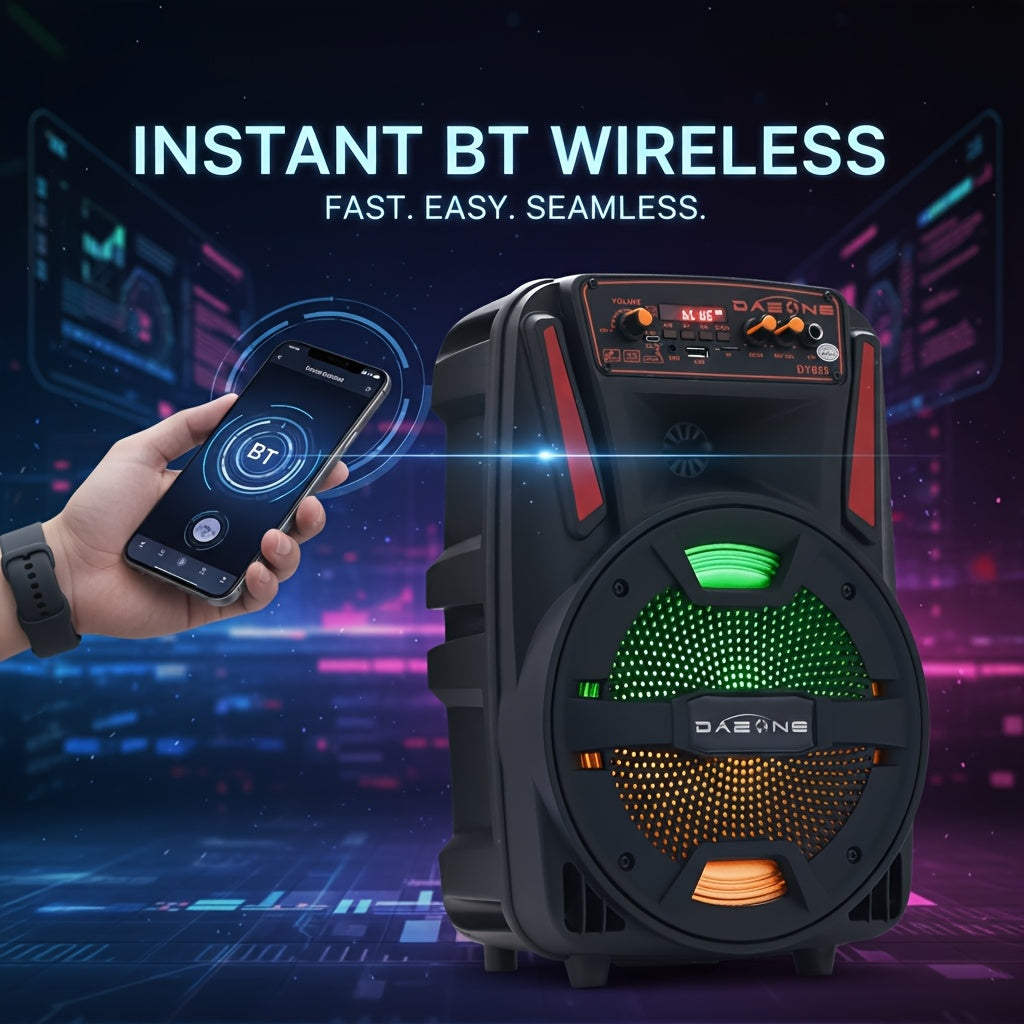 A 1000W Robust Portable Wireless Party Speaker Featuring an 8-Inch Woofer, Equipped with a Wired Microphone, Delivering Deep Bass, And Supporting USB, SD, FM, And AUX Inputs, with an 8-Hour Playtime Suitable for Djing, Karaoke, And Home Gatherings