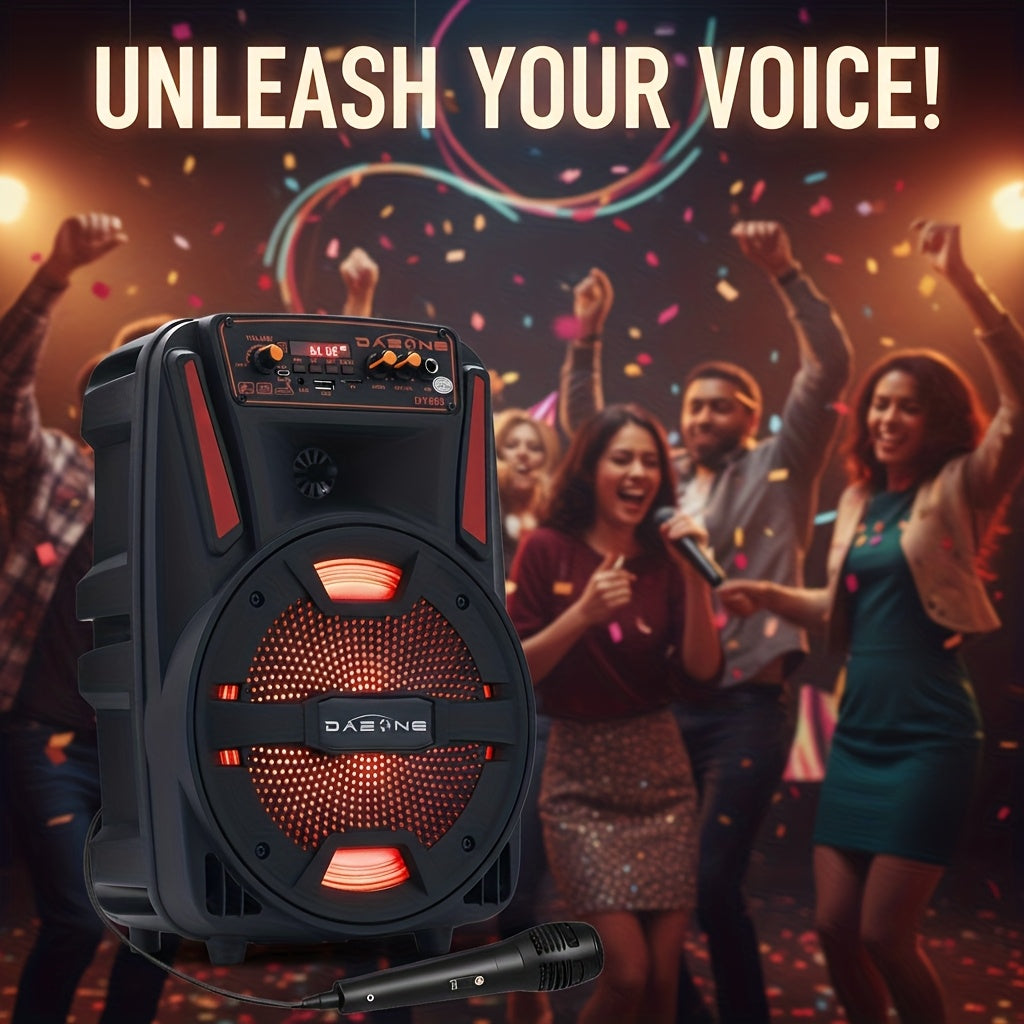 A 1000W Robust Portable Wireless Party Speaker Featuring an 8-Inch Woofer, Equipped with a Wired Microphone, Delivering Deep Bass, And Supporting USB, SD, FM, And AUX Inputs, with an 8-Hour Playtime Suitable for Djing, Karaoke, And Home Gatherings