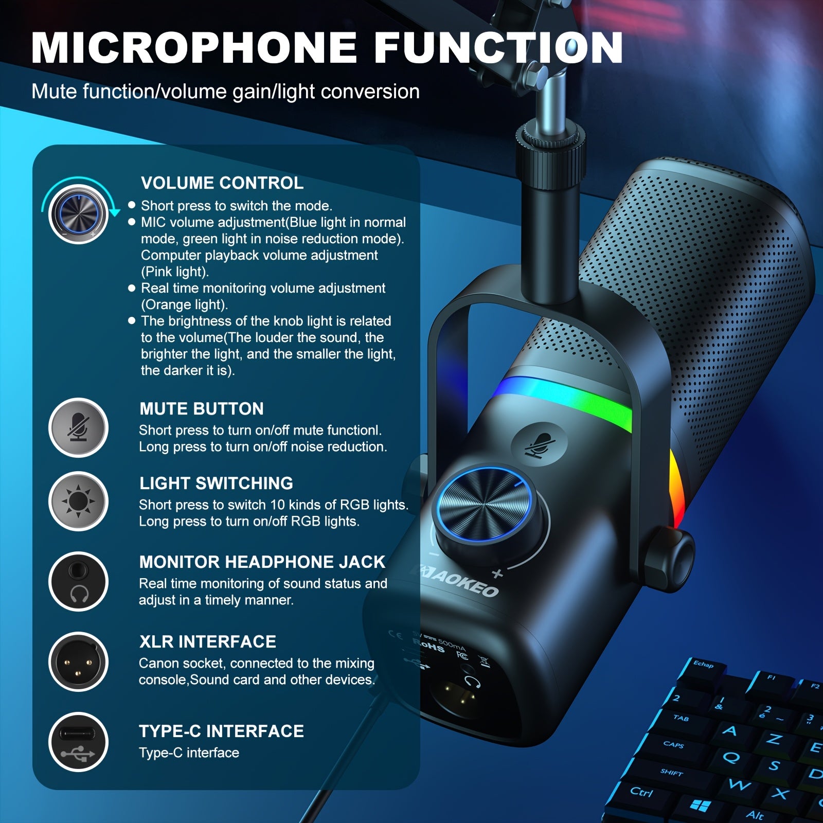 AOKEO USB Gaming Microphone with RGB | Featuring Cantilever Stand, Shock Mount, Noise Reduction, Mute Function, Studio Pop Filter System, Volume Control, 1-Touch Recording, Suitable for Live Streaming, Podcasting, Recording, Gaming, Singing