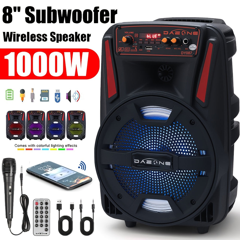 A 1000W Robust Portable Wireless Party Speaker Featuring an 8-Inch Woofer, Equipped with a Wired Microphone, Delivering Deep Bass, And Supporting USB, SD, FM, And AUX Inputs, with an 8-Hour Playtime Suitable for Djing, Karaoke, And Home Gatherings